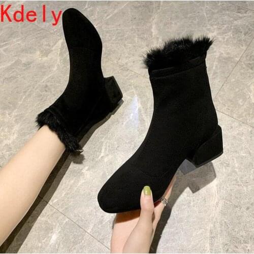 Womens Boots Round Toe Suede Ankle Boots Thick Square Heel High Heels Shoes Woman Female Real Rabbit Hair Boots 2020 Winter