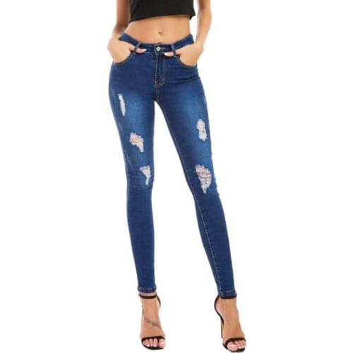 For Women Blue Elastic Stretch Hole Ripped Skinny Denim Jeans Pencil Pants Female Washed Trousers Plus Size Summer Autumn