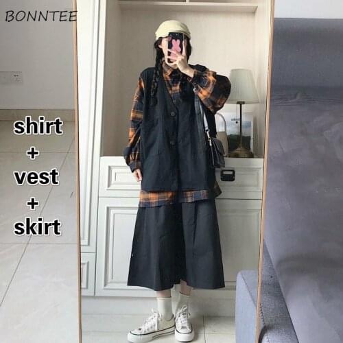 Sets Women 3 Piece Sleeveless Single Breasted Black Pockets Vest Plaid Long Sleeve Shirt and Skirt Outfits Lady Casual Spring BF