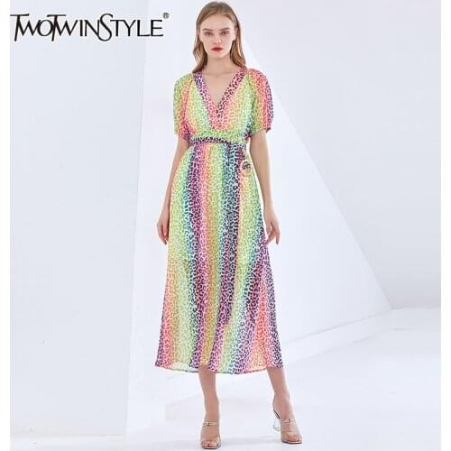 TWOTWINSTYLE Hit Color Elegant Dress For Women V Neck Puff Sleeve High Waist Print Leopard Midi Dresses Female Fashion New Tide