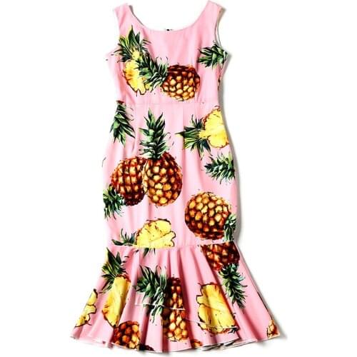Runway Designer Summer Dress Womens Sleeveless Vest Fruit Pineapple Printed Ruffles Sheath Cute Mermaid Dresses Bodycon
