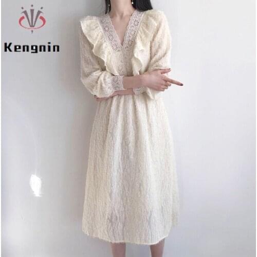 Women Oversized Dresses 2021 Spring Autumn Vintage Female Robe Dress Lace Long Sleeve Office Lady Vestidos Dresses KE950