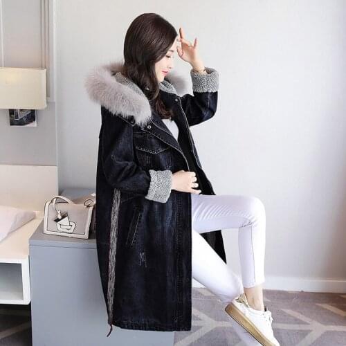 Winter Thick Warm Lambswool Women Trench Coat Boyfriend Style Loose Fur Collar Hooded Cowboy Overcoat Female Denim Windbreaker