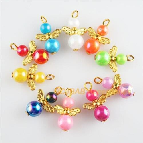 20 New Angel Charms Gold Color Mixed Acrylic Shiny Ball Pendants 22mm