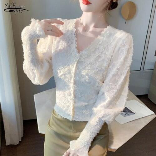 2021 Autumn Long Sleeve Lace Blouse Women Office V Neck Women Lace Shirt White Black Fashion Button Clothing Blusas 16138