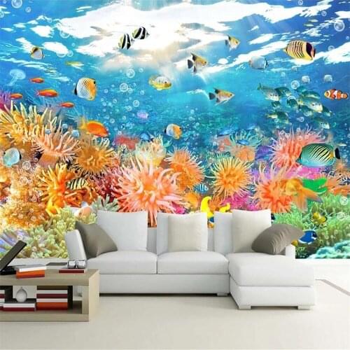 Milofi custom 3D wallpaper mural fish tank underwater world coral reef fish school sea view living room bedroom background wall