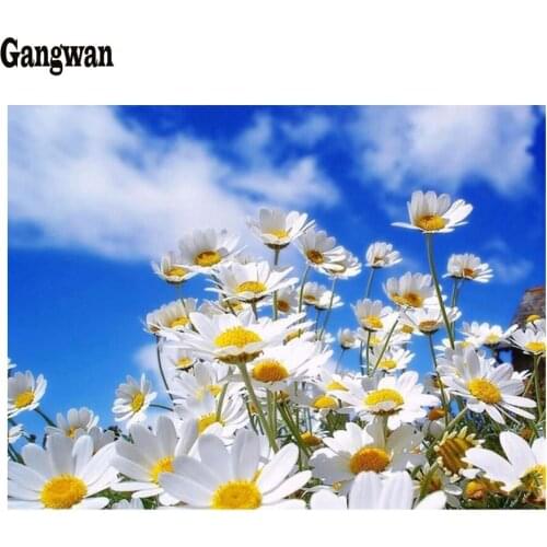 Diamond embroidery blue sky white daisies scenery cross stitch flower rhinestone picture diamond painting needles mosaic decor