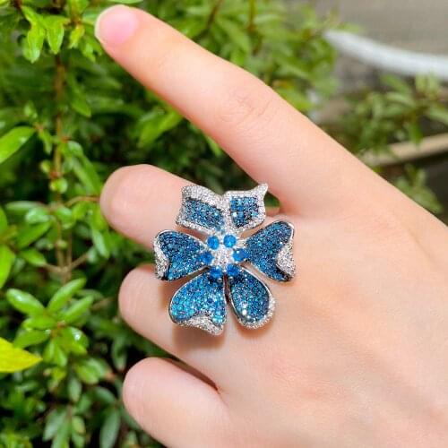 CWWZircons 3D Geometric Flower Micro Pave Blue Cubic Zirconia Big Statement Luxury Rings for Women Wedding Bridal Accessory R198