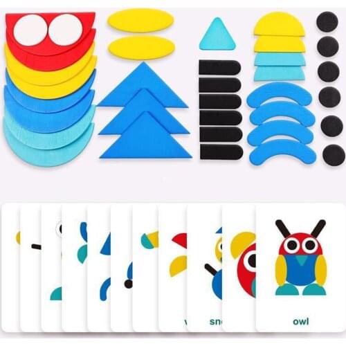 Wooden Animal Tangram Puzzles English Card Shape Recognition Education Baby Toy