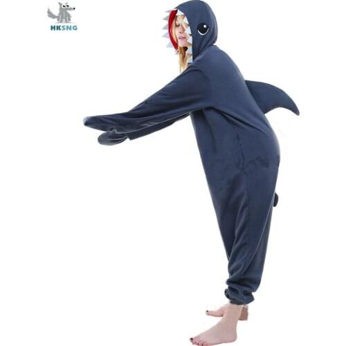 HKSNG New Adult Grey Shark Onesies Costume Kigurumi Fleece Cartoon Pajamas Animal Halloween Party Jumpsuits Pyjamas Suit