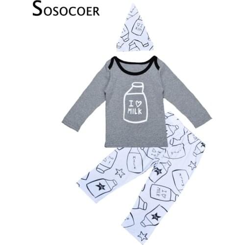 SOSOCOER Milk Bottle Boy Girl Clothing Set I Love Milk Letter T-shirt+Pant+Hat Cap Kids 3pcs Sets Baby Clothes Outfits