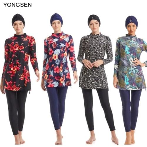 YONGSEN Muslim Swimwear Women Modest Burkinis Patchwork Full Cover Long Sleeve Print Swimsuit Islamic Hijab Islam Wear Bathing