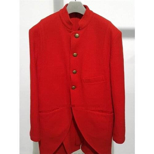 Mens new woolen coat red vintage standing collar large clothing