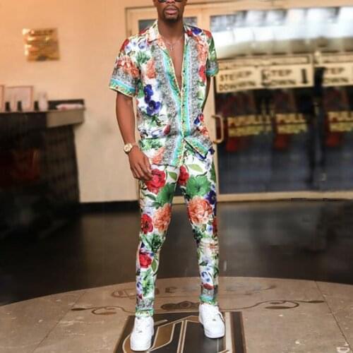 2021 Casual Outfit Retro Ethnic Style Mens Sets Summer Beach Short Sleeve Set Male Fashion Lapel Short sleeve shirt Suit