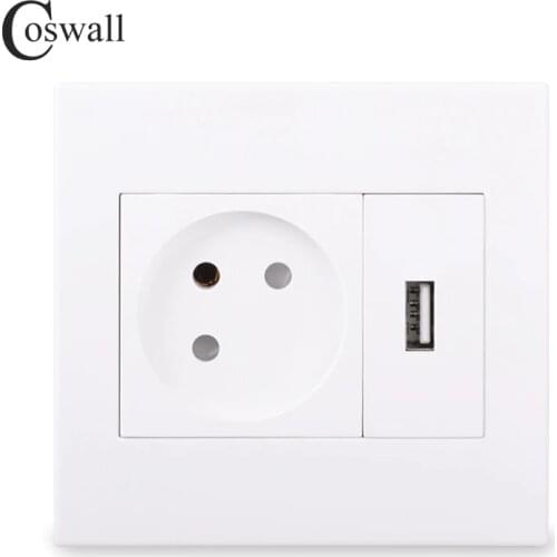 Coswall Simple Style PC Panel Israel Wall Socket Grounded With DC 5V 2A Output USB Charging Port White Color