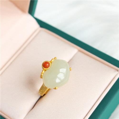 Original S925 Sterling Silver Golden Jade Ancient Royal Court Temperament Personality Peach Temperament Lady Opening Ring Ring