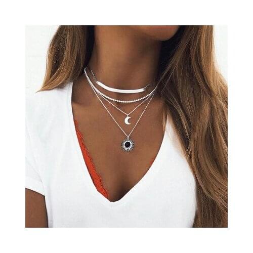 High Quality Silver Plated Multi-layer Round Coin Moon Pendant Necklace Choker for Women Vintage Bohemian Necklace Party Jewelry