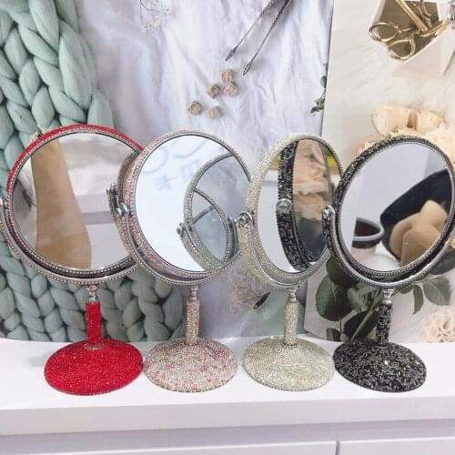 Desktop Diamond-studded Tall Mirror Round Double Sided Metal Makeup Mirror Rotatable Removable Home Room Wedding Women Gifts