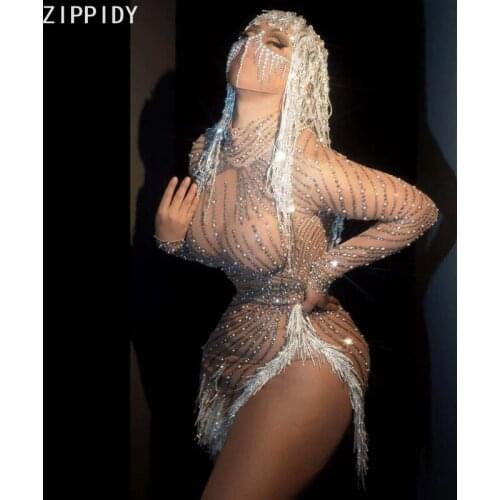 Silver Rhinestone Pearl Spandex Dress Prom Birthday Celebrate Fringe Outfit Women Latin Dance Club Slit Short Dress