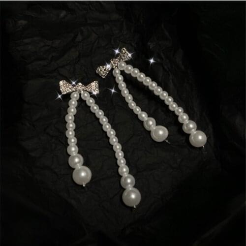 Long Bowknot Baroque Crystal Pearls Earrings Fashionable Sweet Personality Joker Hyperbole Girl Women Jewelry Gift Accessories