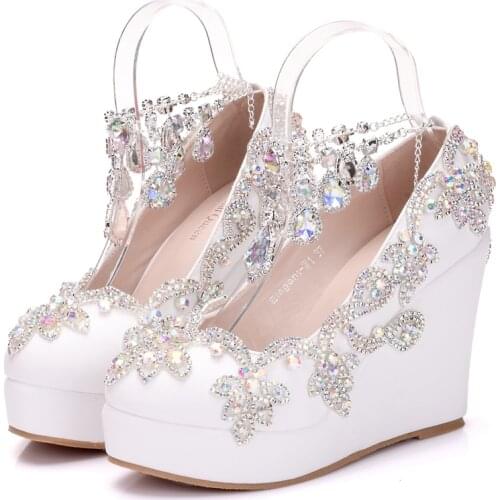 Crystal Queen New Fashion Rhinestone Wedges Pumps Shoes Women Sweet Luxury Platform Wedges Shoes Wedding heels High Heels