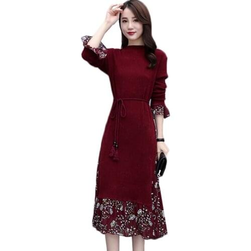 Spring Women Office Dress New Fashion Printed Chiffon Stitching Knitted Dress Slim Plus Size Ruffled Female Fake Two-piece Dress