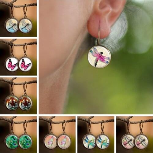 2019 Art Comic Cat Dragonfly Handmade Earrings Animals Theme Dangle Earrings Glass Jewelry Gift for Women Girls