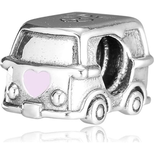 CKK Silver 925 Jewelry Fits Pandora Bracelets Camper Van Pink Heart Charm Original Beads Sterling Silver Making