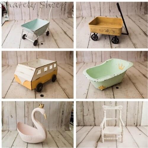 Iron Basket Newborn Photography Prop Baby Boy Girl Photo Shoot Studio Posing Trolley Car Basket fotografia Wood Chair Accessory
