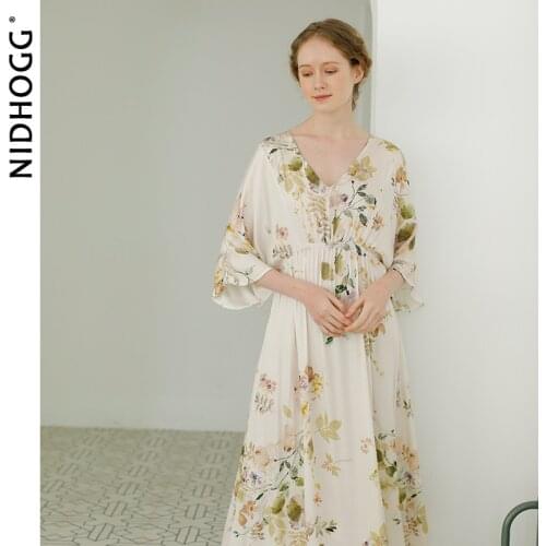 2020 Summer Lady Nightgown V-neck Elegant Rose Printed Satin Women Sexy Sleepwear Night Dresses for Party Nighty Sleep Dress