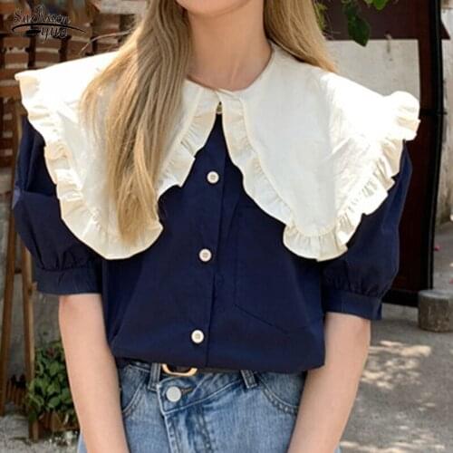 Summer Peter Pan Collar Button Oversize Shirt Female Korean Sweet Puff Sleeve Women Blouses Vinatge Elegant Plus Size Tops 14860