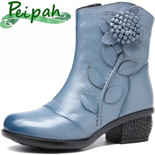 PEIPAH Retro Genuine Leather Women Ankle Boots Winter High Boots Autumn Women Casual High Heeled Zip Winter Shoes Woman