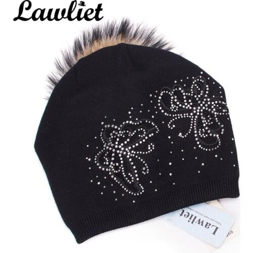 Lawliet Women Hats Winter Real Fur Pom Hat Butterfly Rhinestone Cashmere Wool Beanies Lady Double Layer Knitted Hat Bonnet
