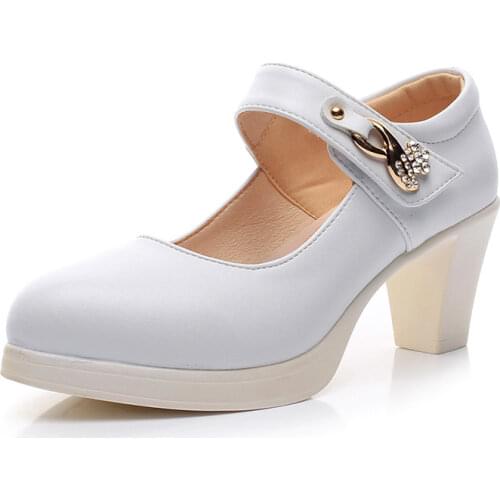 Womens Genuine Leather Shoes with Heels 2021 Spring ankle Strap Pumps Women Medium Heel Wedding shoes Woman Big size 41 43