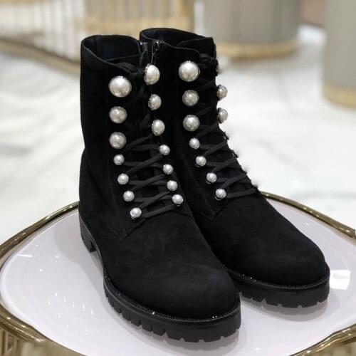 INS Hot Sale Winter Shoes Woman Black Suede Runway Boots Chunky Heels Botas Mujer Ankle Chelsea Botines Pearls Chaussures Femme