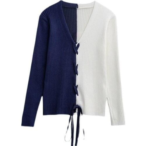 Nkandby Plus Size Knitted Patchwork Sweaters Autumn Winter Large Women V-neck Lace Up Pullover Jumpers Spell Color Chic Tops