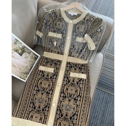 TSXT Summer New Elegant Retro Style Round Collar Single Breasted Temperament High Sense Printed Short Dress