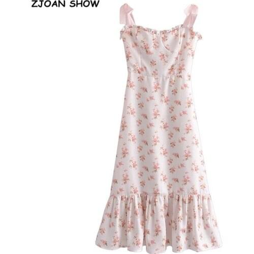 2021 Summer Vintage French Style Floral Women Dress Spliced Ruffles Hem Ribbon Tie Bow Strap Sleeveless Sexy Beach Dress Holiday