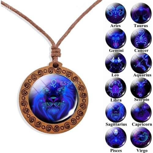 12 Constellation Glass Cabochon Wooden Pendant Neckalce Zodiac Sign Leo Wood Jewelry Women Wax Rope Chain Necklaces Gifts