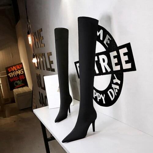 2021 New Flock Leather Women Over The Knee Boots Lace Up Sexy High Heels Autumn Woman Shoes Winter Women Boots Size 34-40