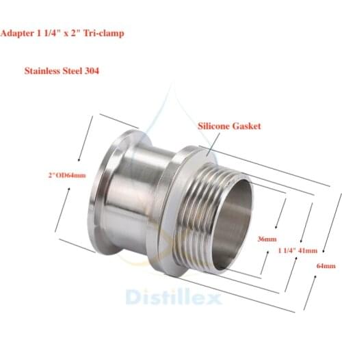 Adapter 2"OD64mm x DN32 (1 1/4") . Stainless steel 304 . Length 50mm