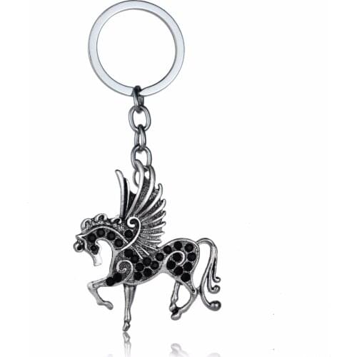 Black Crystal Rhinestone Horse Animals Keychain Women Family Friends Pegasus Wings Keyring Key Chains Rings Gifts For Party Xmas