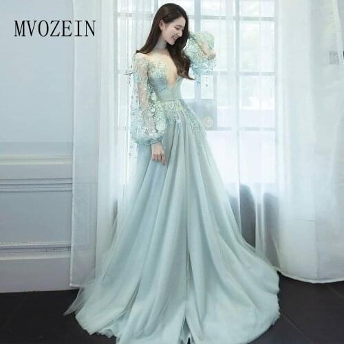 Long Evening Dress Lace Appliques Sleeves Evening Dreses High Collar Full Sleeves Formal Party Gowns vestido-de-festa-l