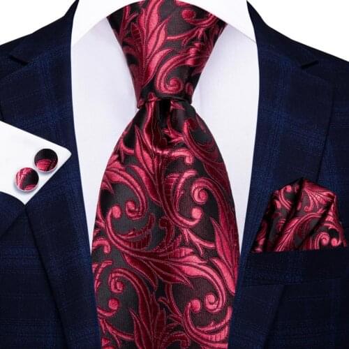 Hi-Tie Burgundy Brown Floral Silk Wedding Tie For Men Handky Cufflink Gift Nicktie For Men Fashion Design Business PartyDropship