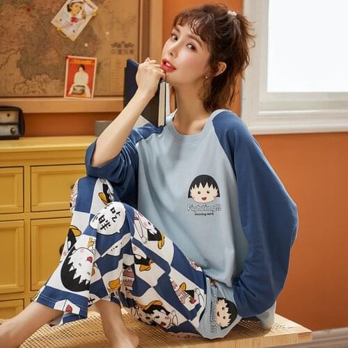 Pink Chibi Maruko Pijamas Pure Cotton Womens Home Clothes Loose Sleepwear Comfortable Nightwear Plus Size Cardigan Pajama Set
