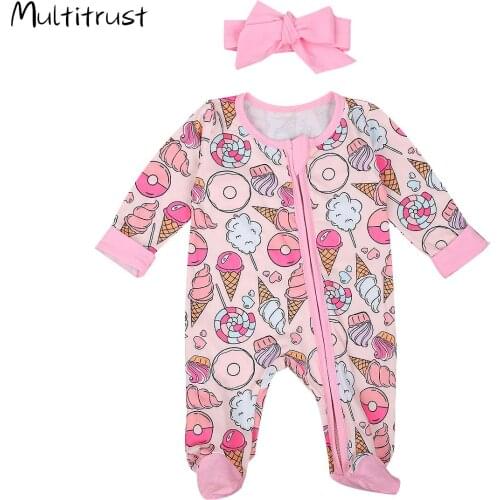 Autumn Newborn Infant Baby Girls Footies Cute Ruffles Long Sleeve Romper Jumpsuit Cactus Donuts Print Baby Girl Clothes 0-6M