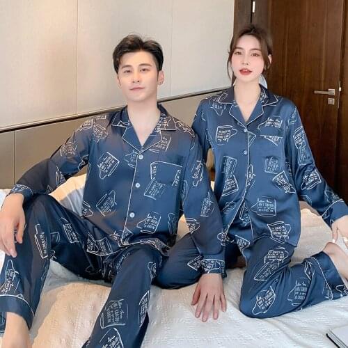 2PCS Print Letter Lovers Pajamas Sets Sexy Turn-Down Collar Couples Sleep Suit Sleepwear Nightwear Loungewear Pyjamas Home Wear