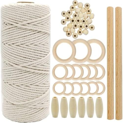 Macrame Knotting Art Raw material Kit Cotton Yarn Cord With Wood Bead Ring Stick DIY Knitting Tapestry Coaster Bag Earrings