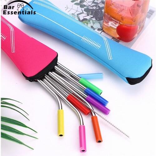 6Pcs/set Reusable Stainless Steel Straws Straight Bent Drinking Straws with Silicone Tips for Hot Cold Beverage Drink Bar Tools