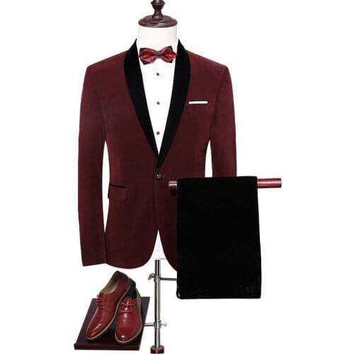 Men fashion wine red Blazer+pants High Quality Royal Blue Burgundy Tuxedo Slim Fit Velvet Wedding Suits For Men Shawl Collar